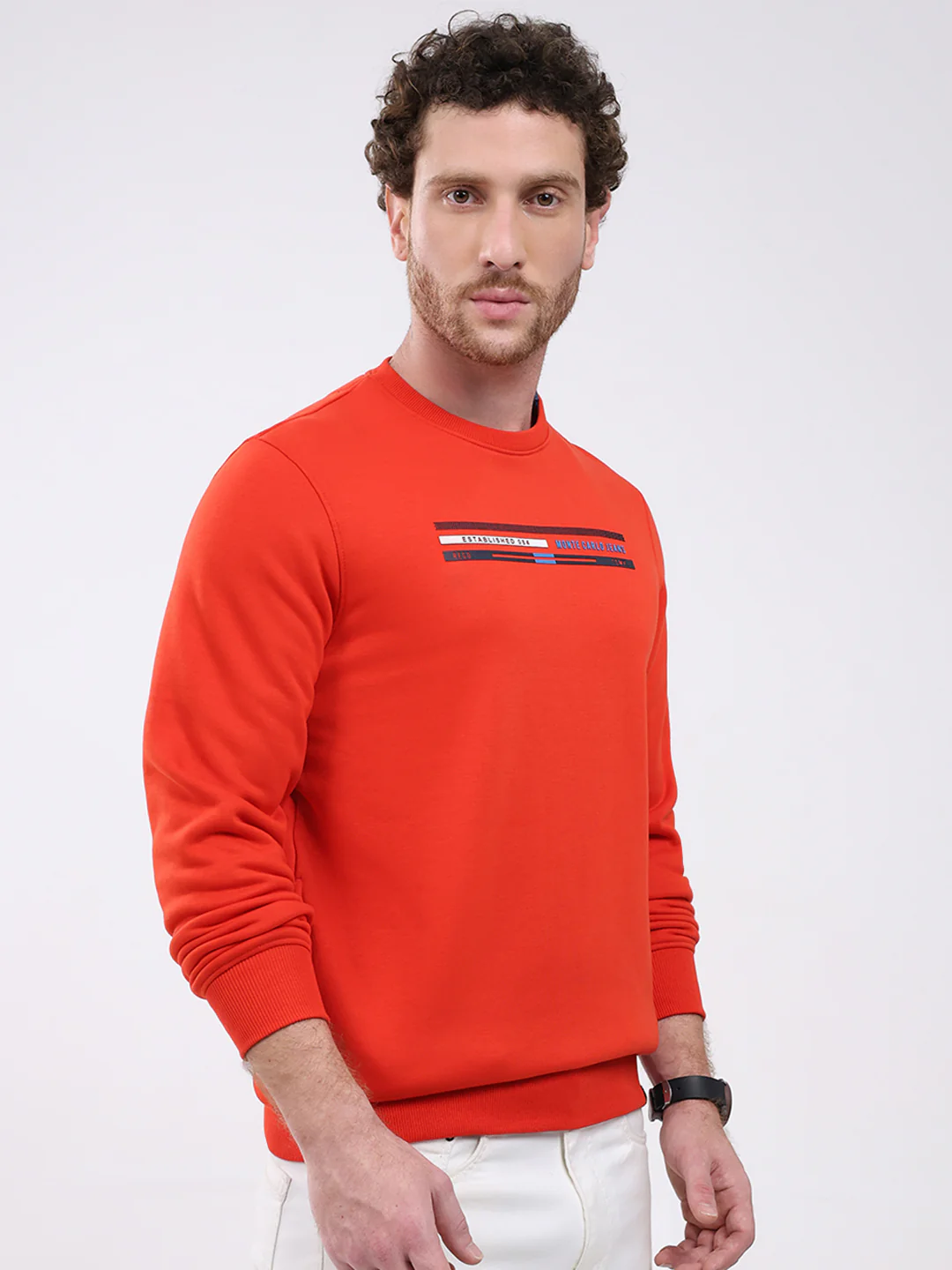 Men Orange Printed Round Neck Full Sleeve Sweatshirt - Image 4