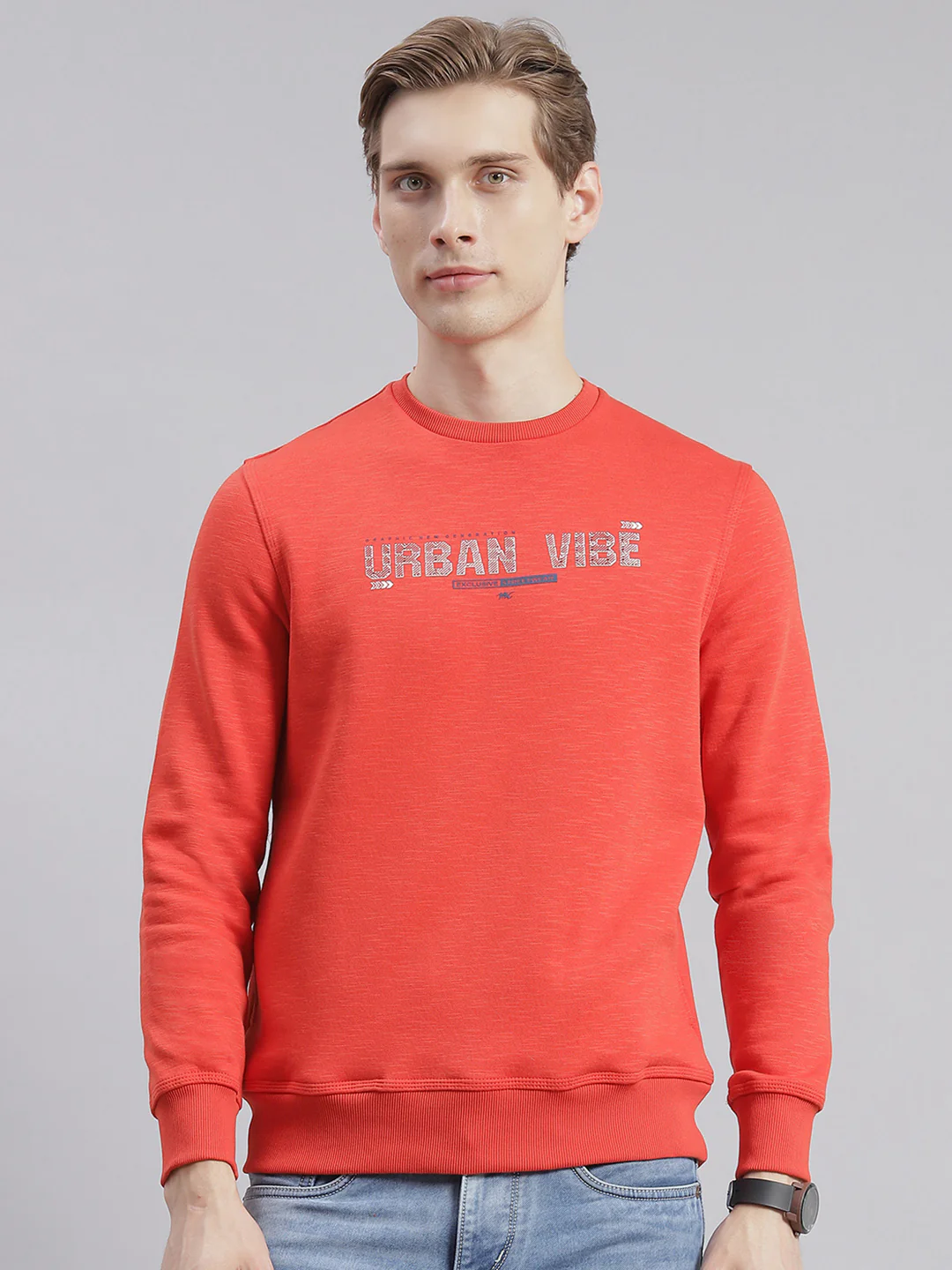 Men Orange Printed Round Neck Full Sleeve Sweatshirts - Image 2