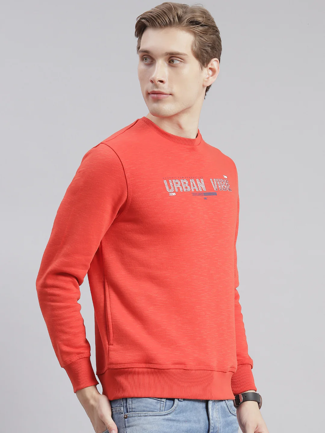 Men Orange Printed Round Neck Full Sleeve Sweatshirts - Image 4