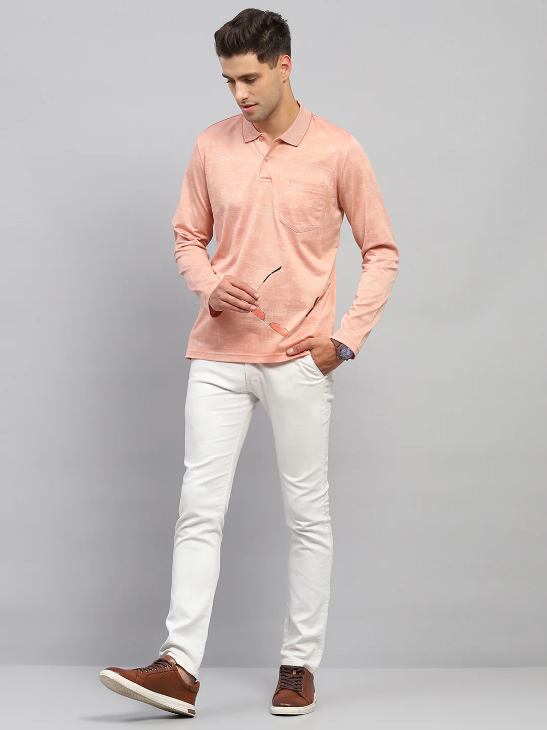Men Orange Self Design Collar Full Sleeve Winter T-Shirt - Image 2