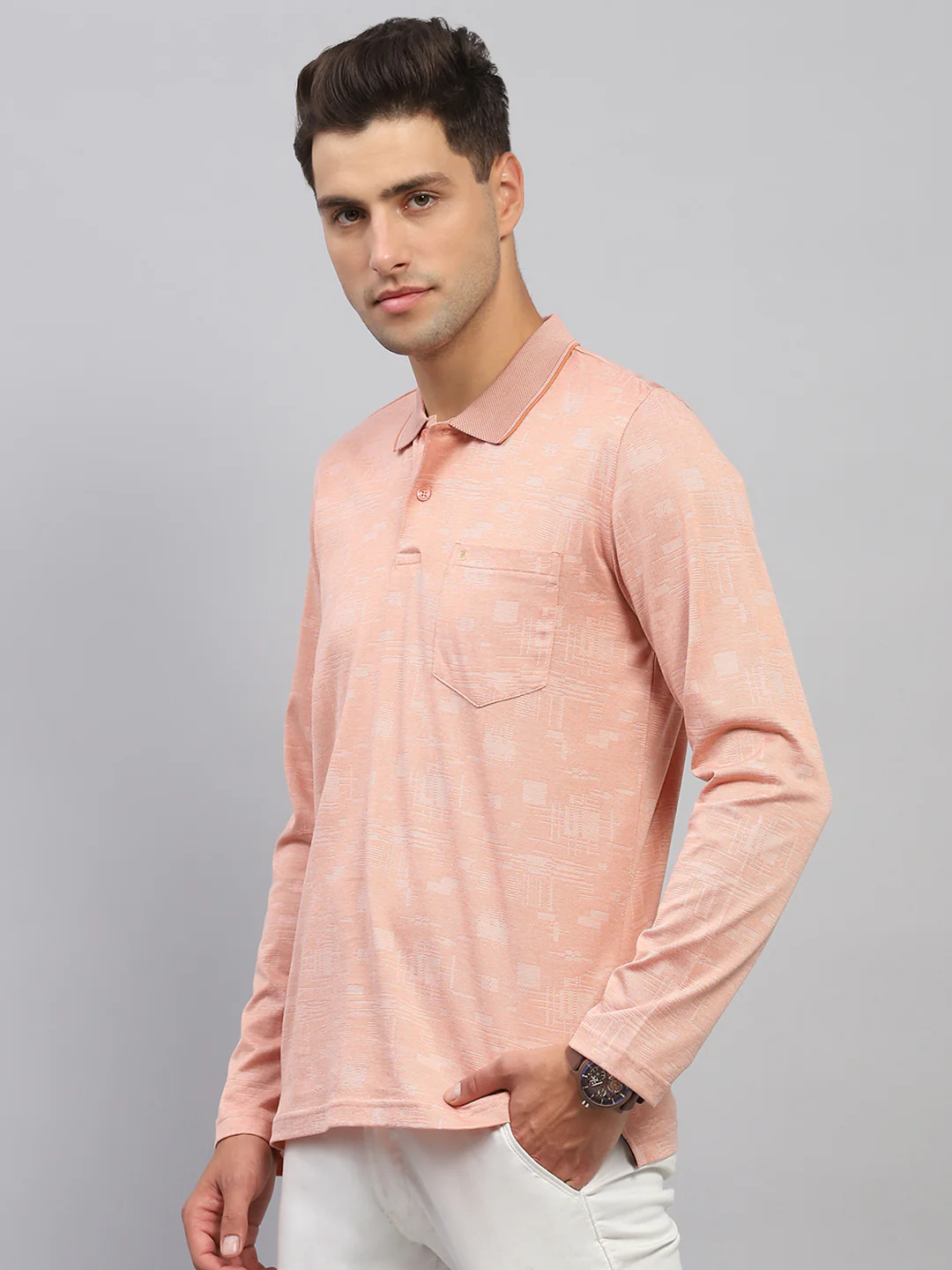 Men Orange Self Design Collar Full Sleeve Winter T-Shirt - Image 3