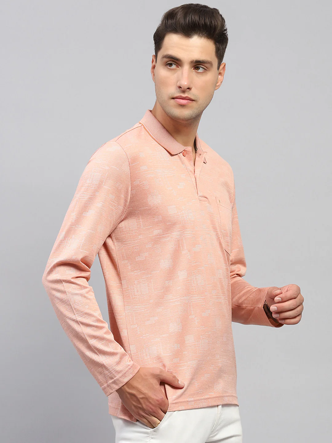 Men Orange Self Design Collar Full Sleeve Winter T-Shirt - Image 4
