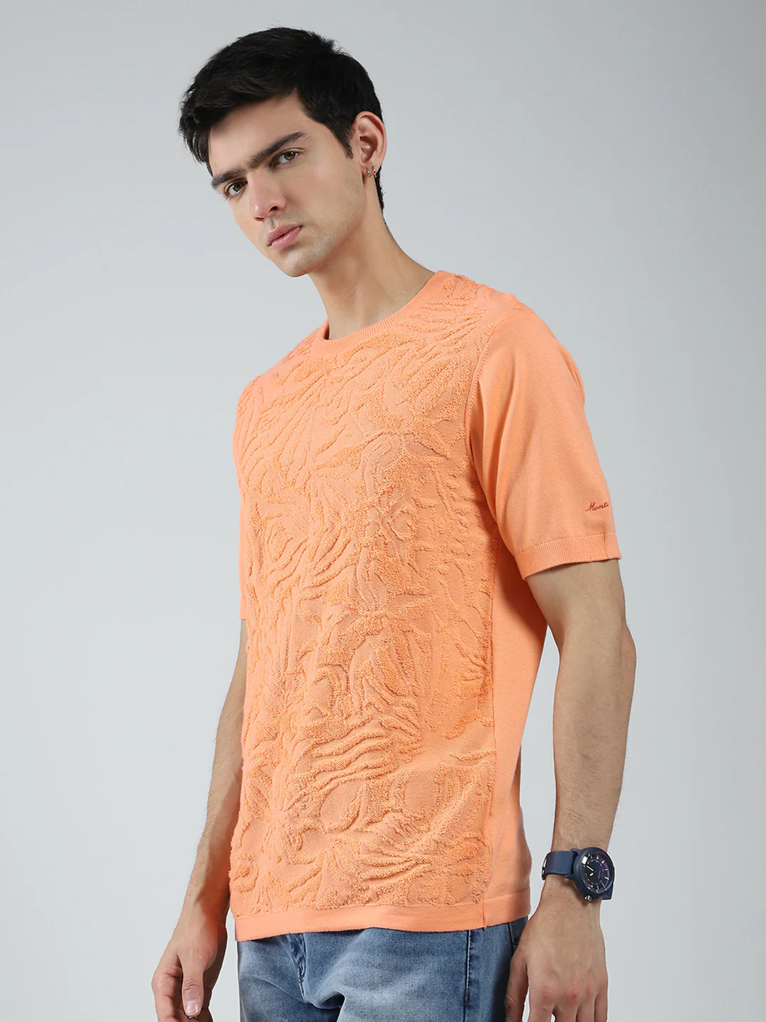 Men Orange Self Design Round Neck Half Sleeve T-Shirt - Image 3