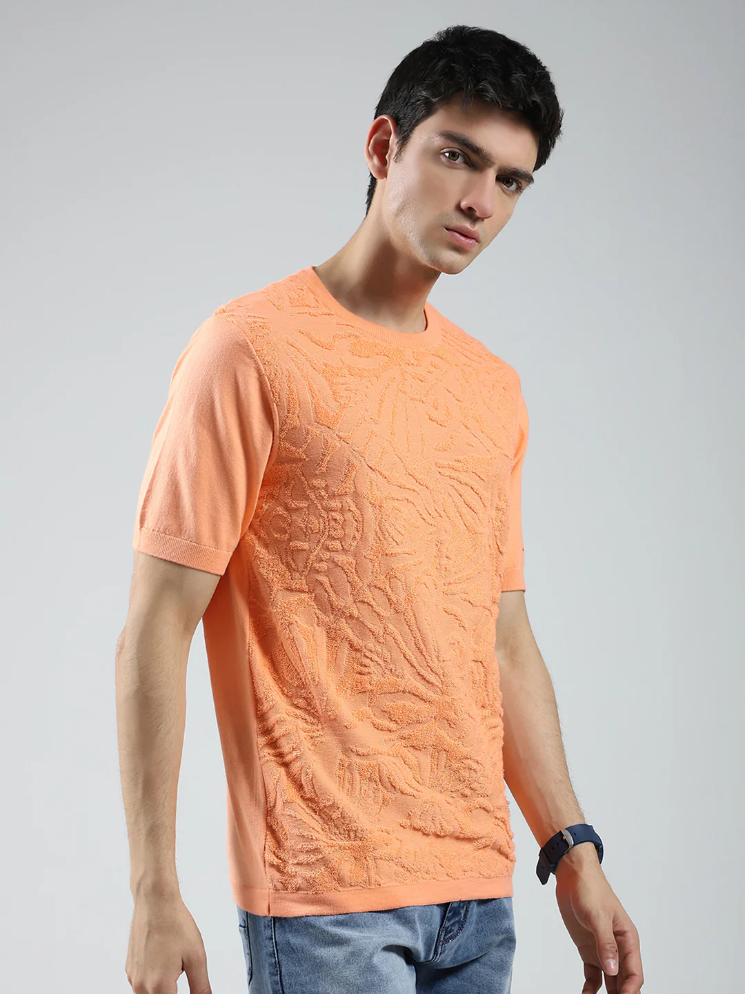 Men Orange Self Design Round Neck Half Sleeve T-Shirt - Image 4