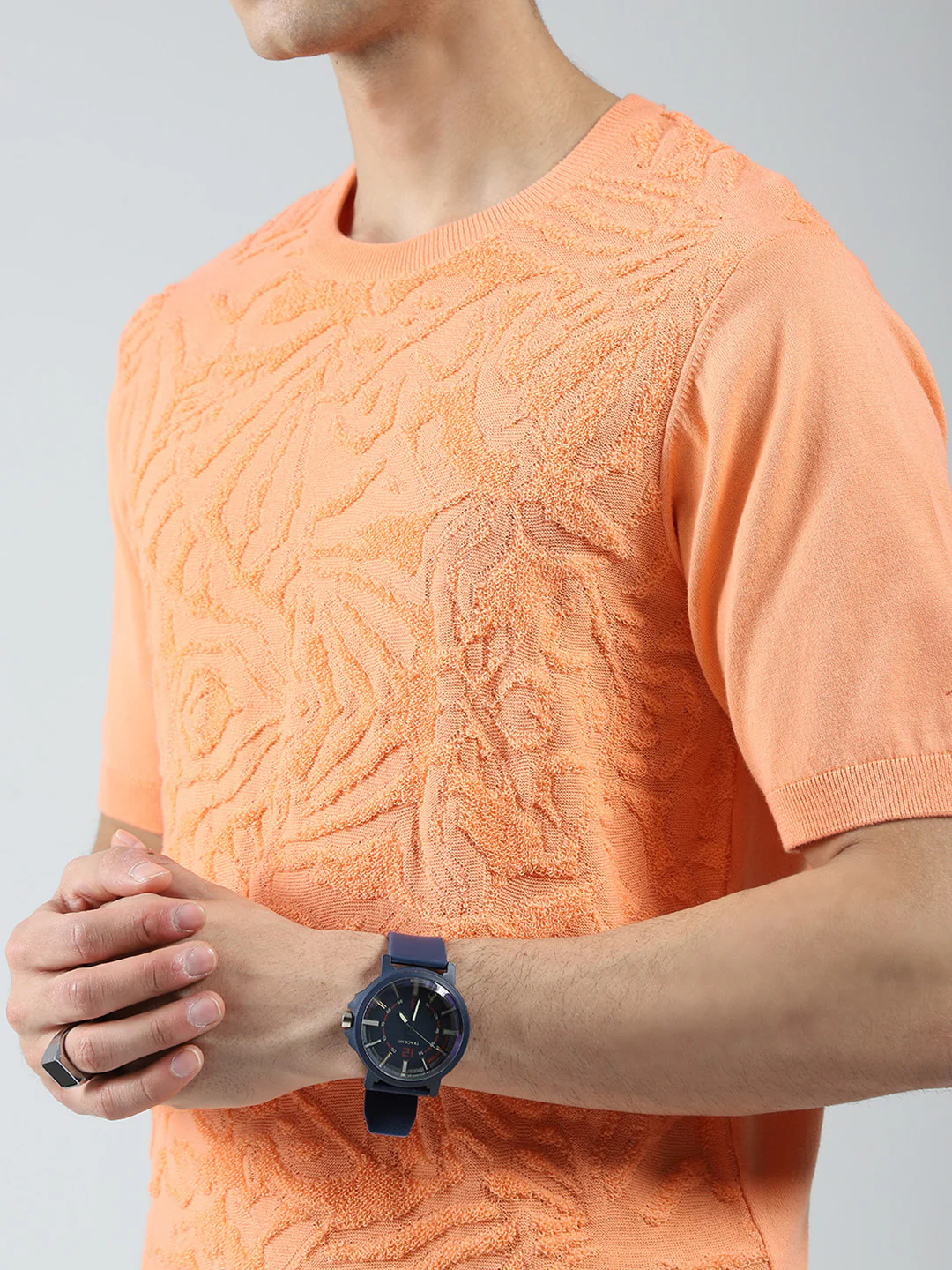 Men Orange Self Design Round Neck Half Sleeve T-Shirt - Image 7
