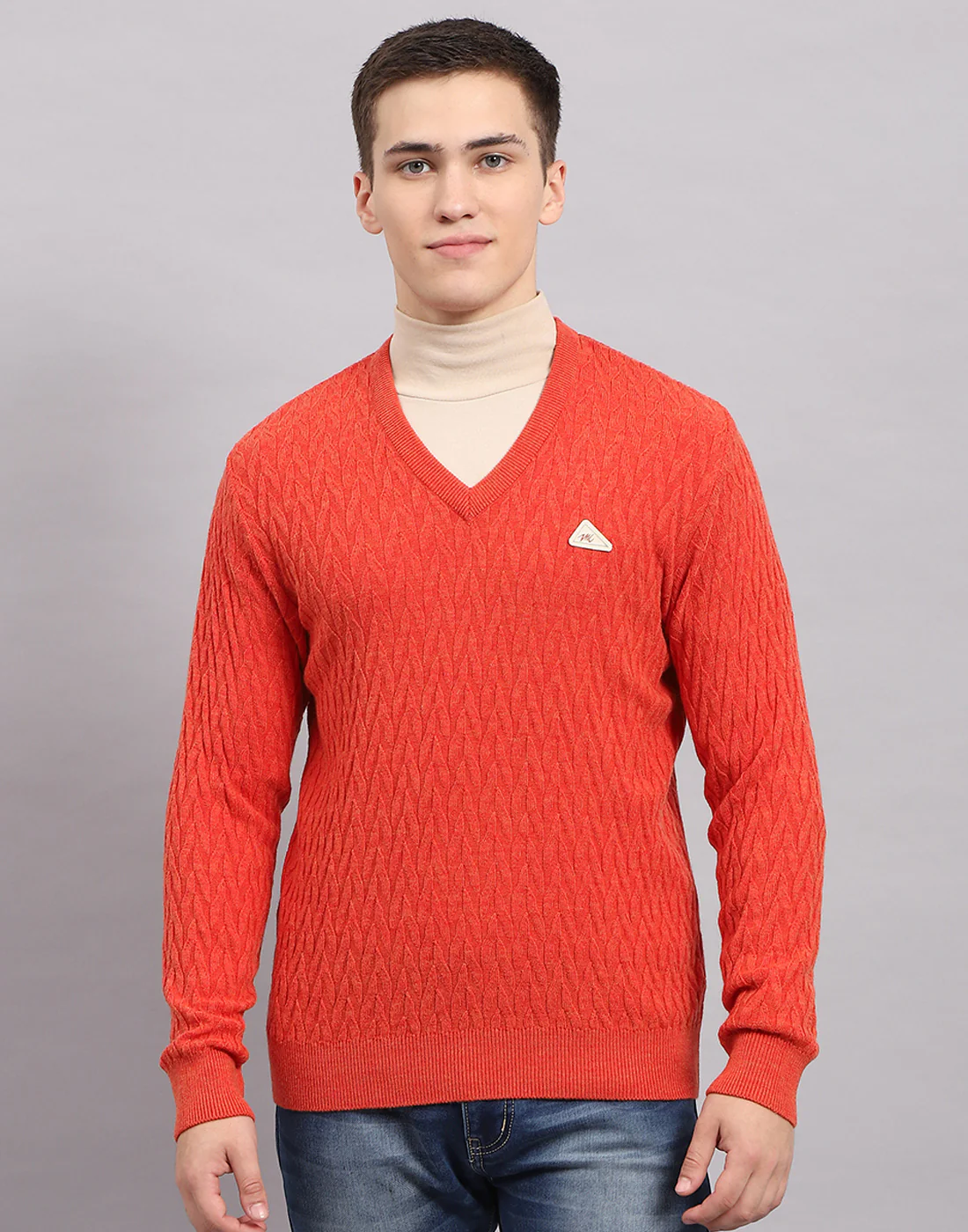 Men Orange Self Design V Neck Full Sleeve Pullover - Image 2