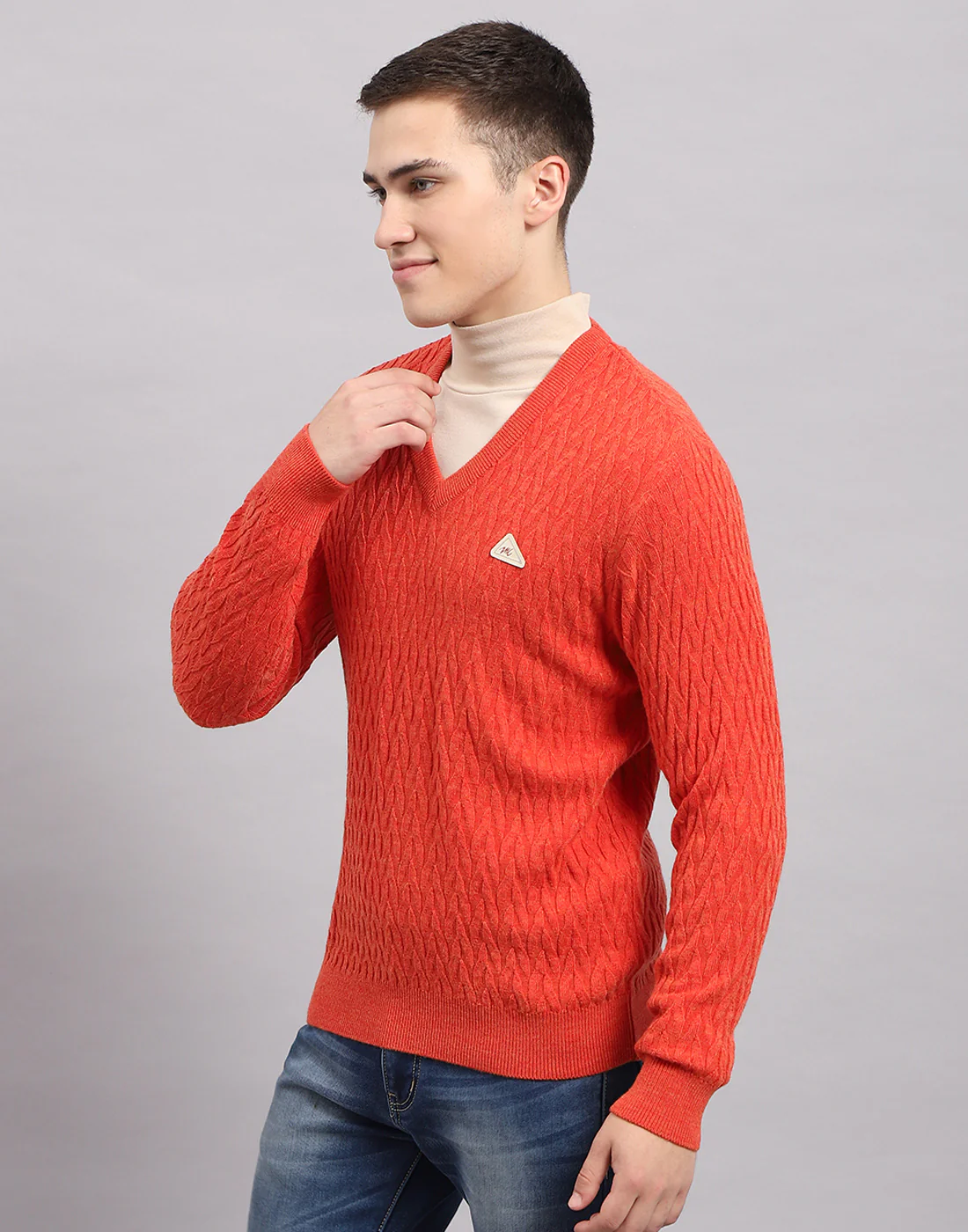 Men Orange Self Design V Neck Full Sleeve Pullover - Image 3