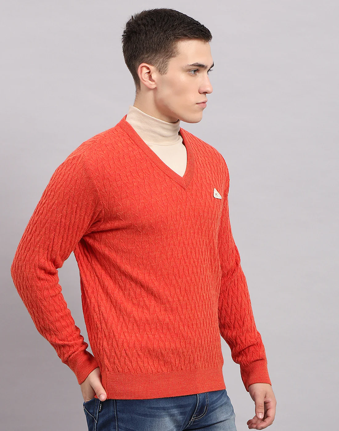 Men Orange Self Design V Neck Full Sleeve Pullover - Image 4