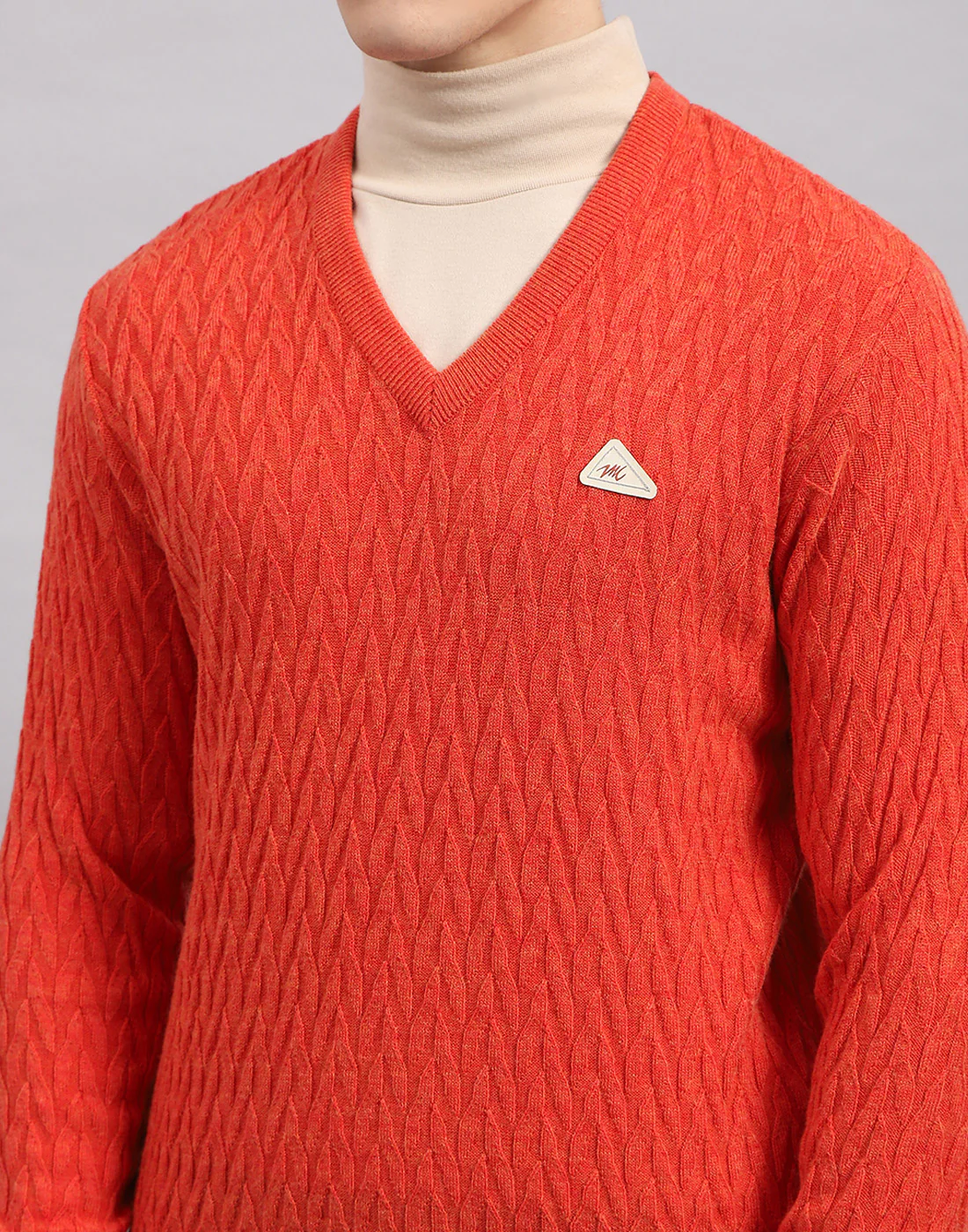 Men Orange Self Design V Neck Full Sleeve Pullover - Image 7