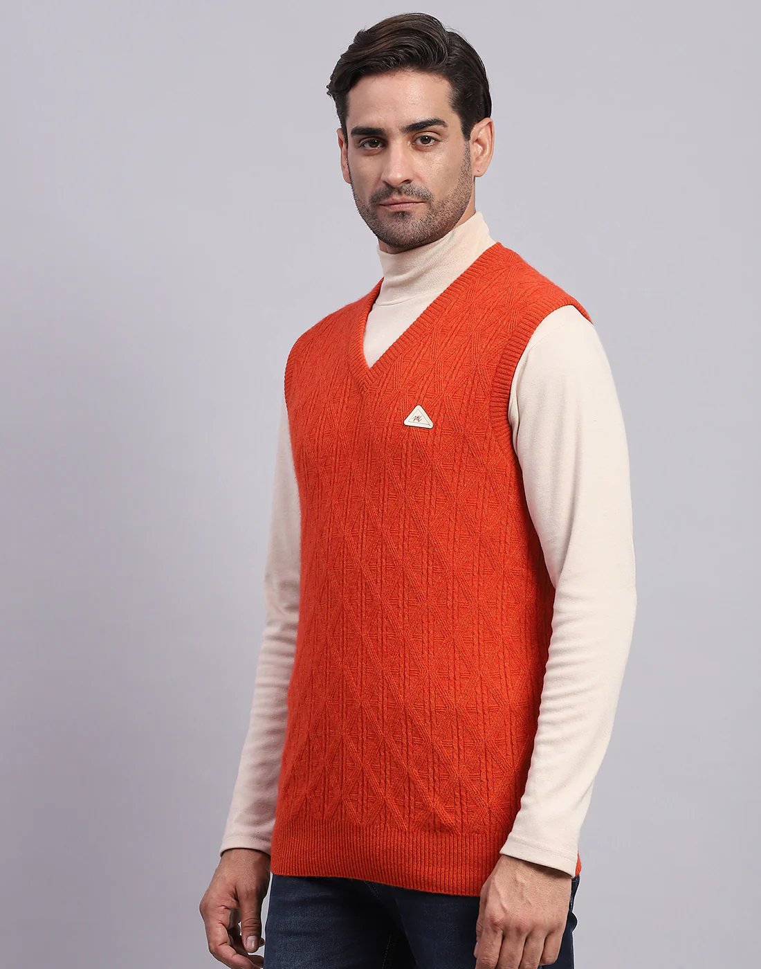 Men Orange Self Design V Neck Sleeveless Sweater - Image 3