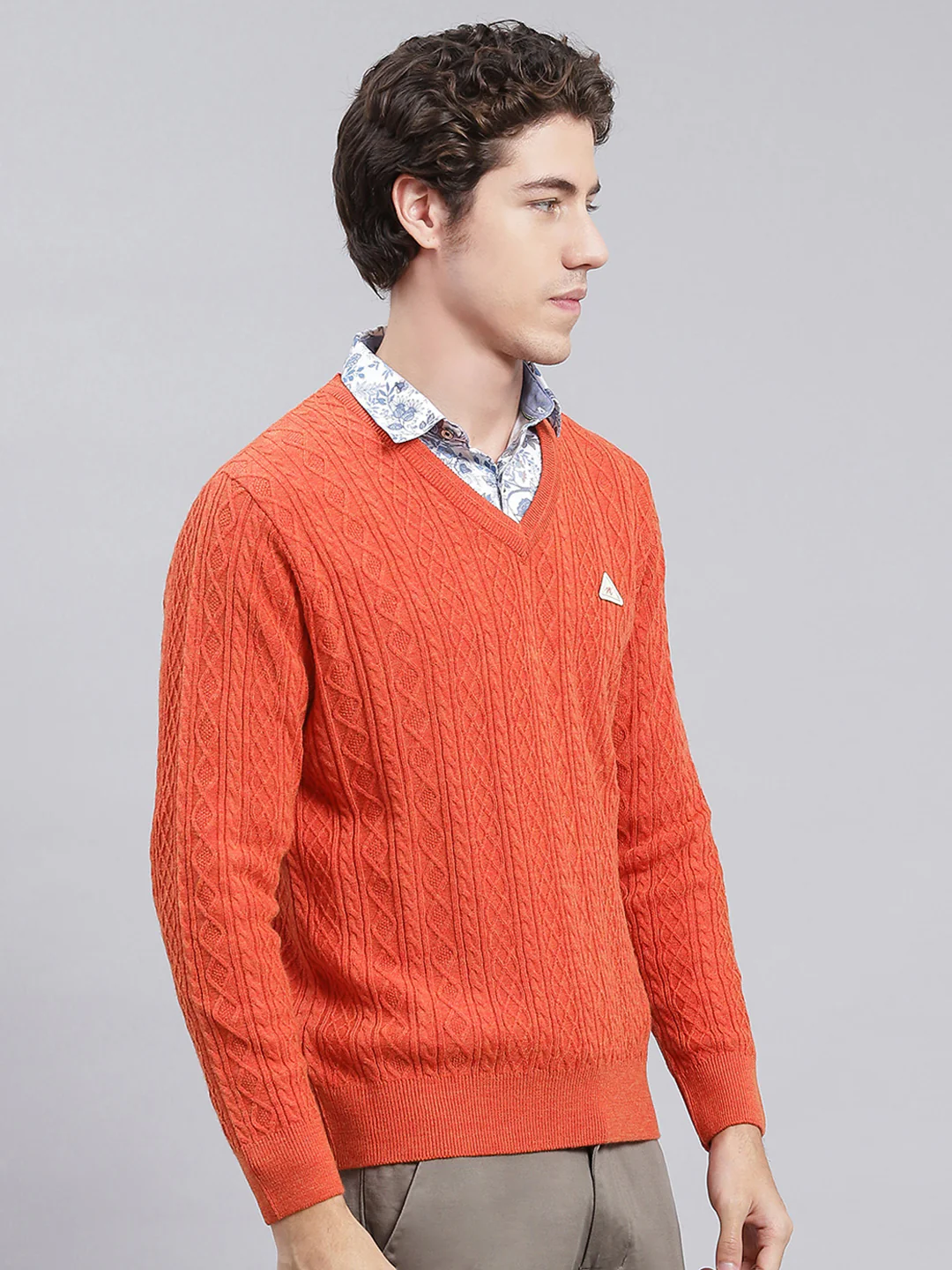Men Orange Self Design Wool blend Pullover - Image 2