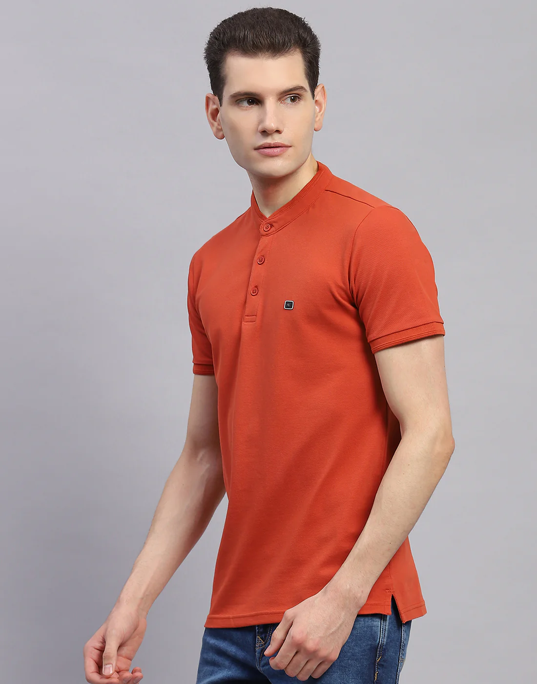 Men Orange Solid Band Collar Half Sleeve T-Shirt - Image 3