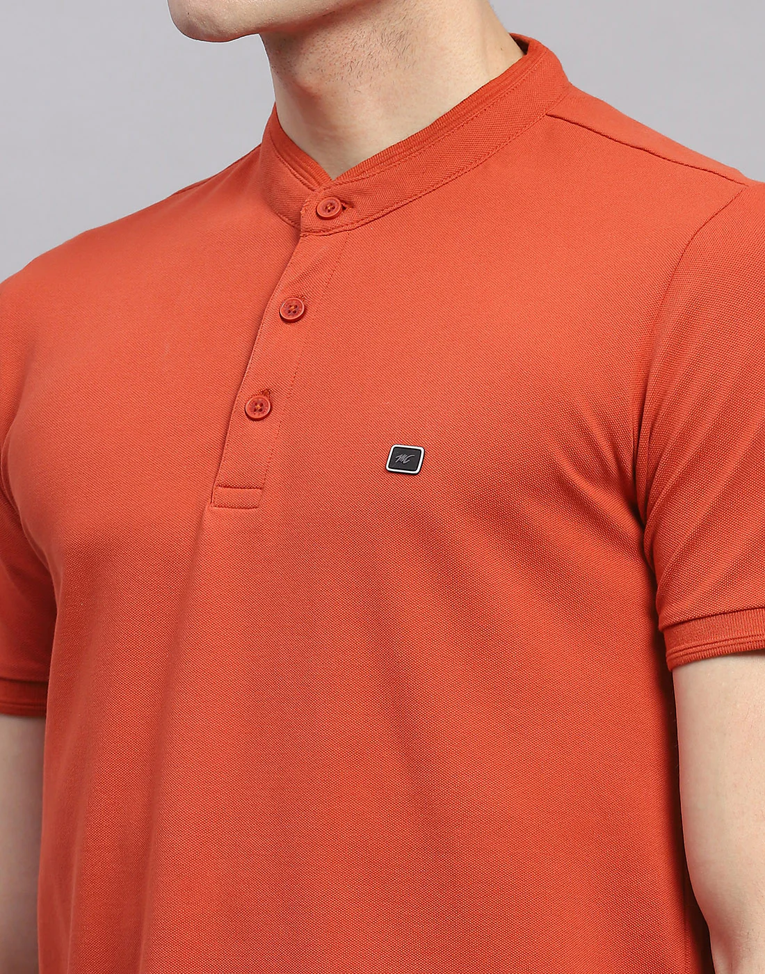 Men Orange Solid Band Collar Half Sleeve T-Shirt - Image 6