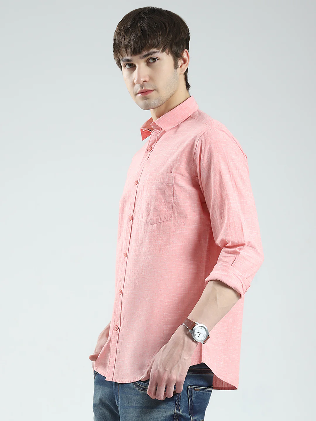 Men Orange Solid Collar Full Sleeve Shirt - Image 3