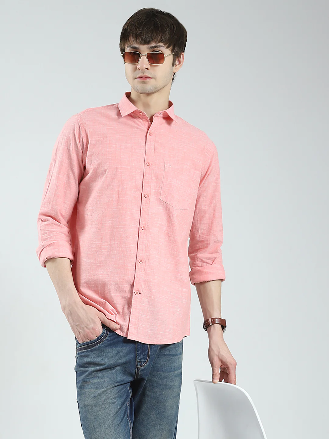 Men Orange Solid Collar Full Sleeve Shirt - Image 6