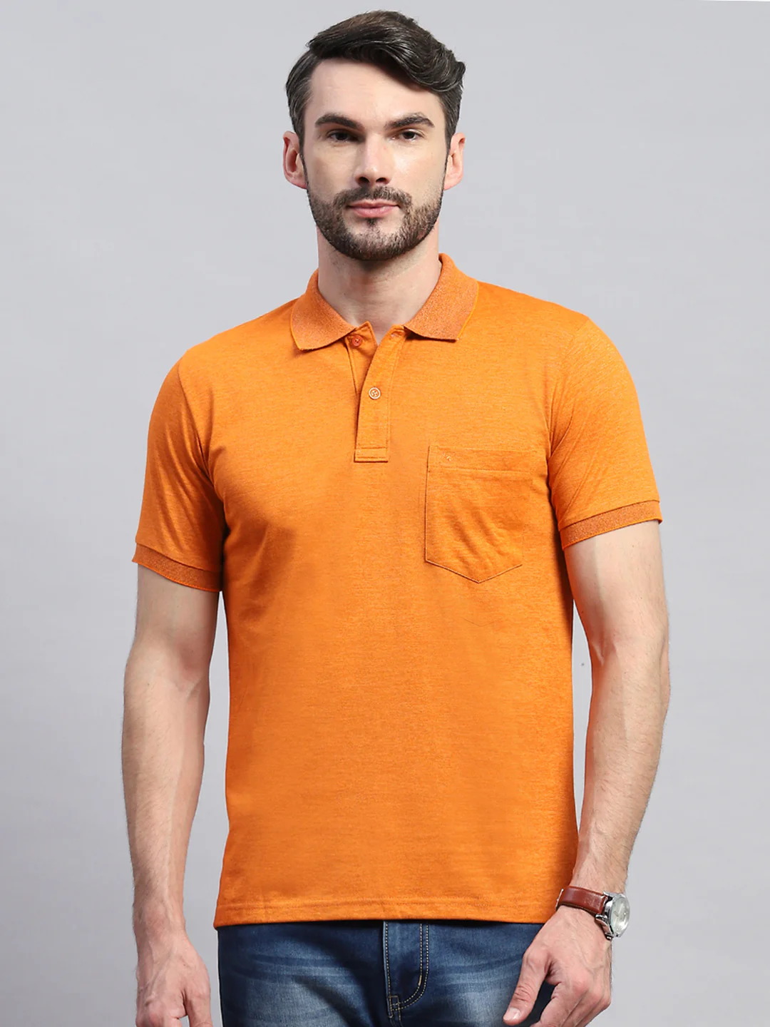 Men Orange Solid Collar Half Sleeve T-Shirt - Image 2