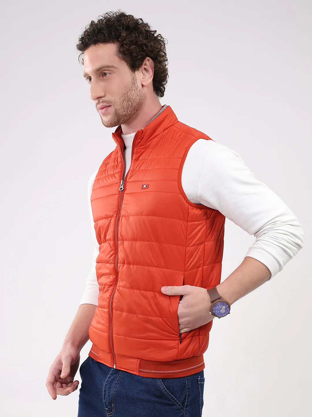 Men Orange Solid Collar Sleeveless Jacket - Image 3