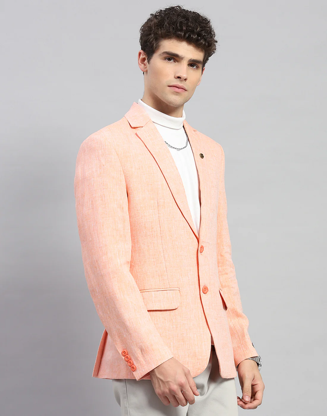 Men Orange Solid Notch Lapel Collar Full Sleeve Blazer - Image 4