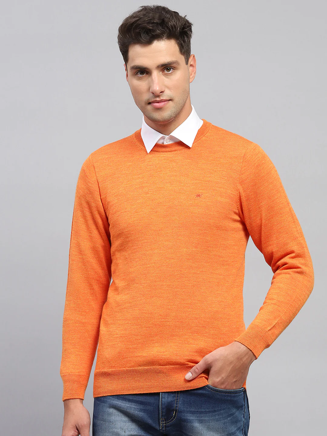 Men Orange Solid Round Neck Full Sleeve Pullover - Image 2