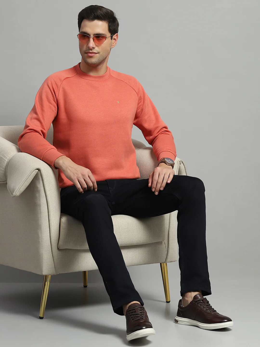 Men Orange Solid Round Neck Full Sleeve Sweatshirt - Image 2