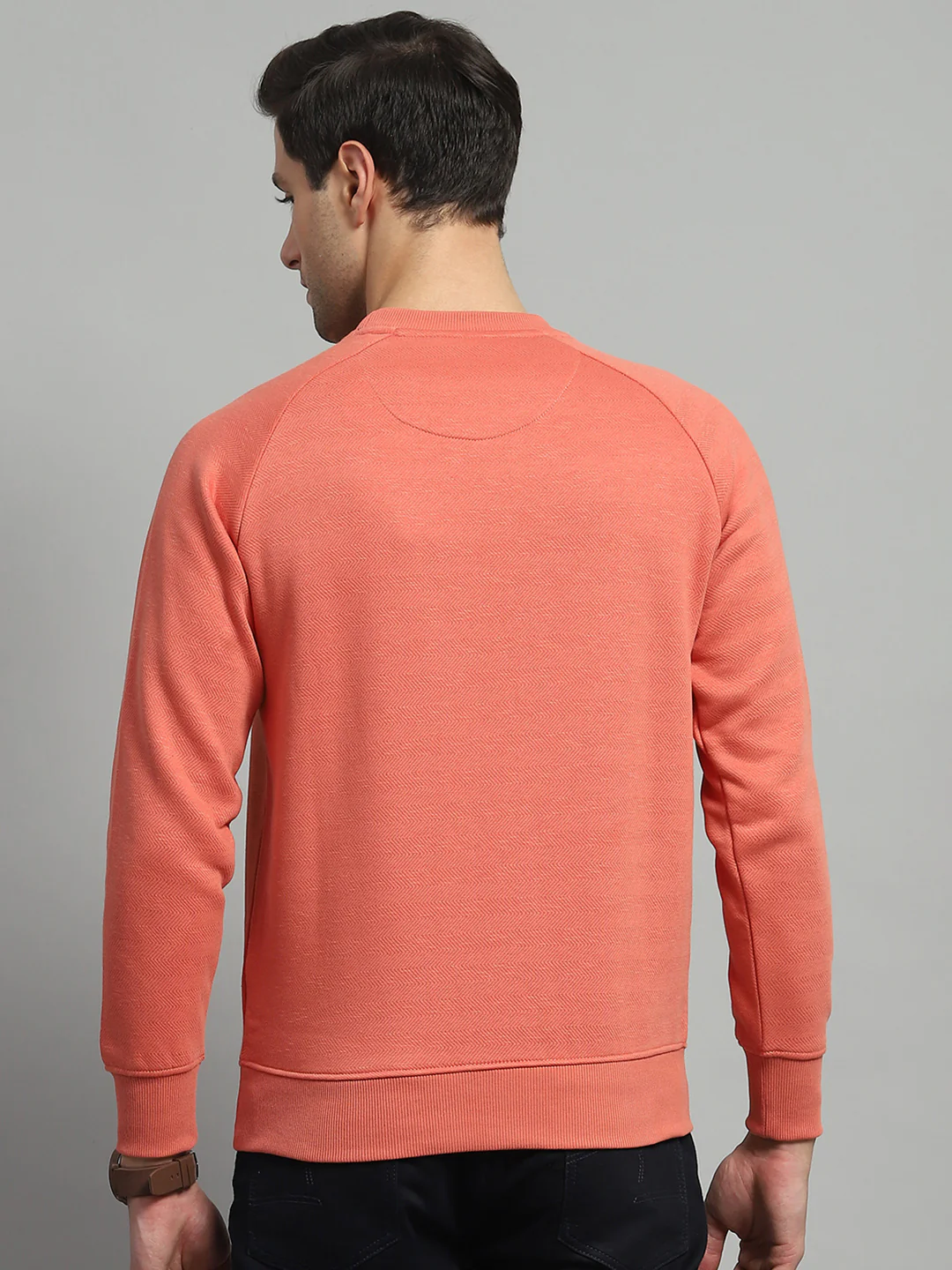 Men Orange Solid Round Neck Full Sleeve Sweatshirt - Image 5