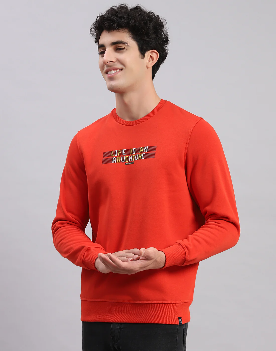 Men Orange Solid Round Neck Full Sleeve Sweatshirts - Image 3