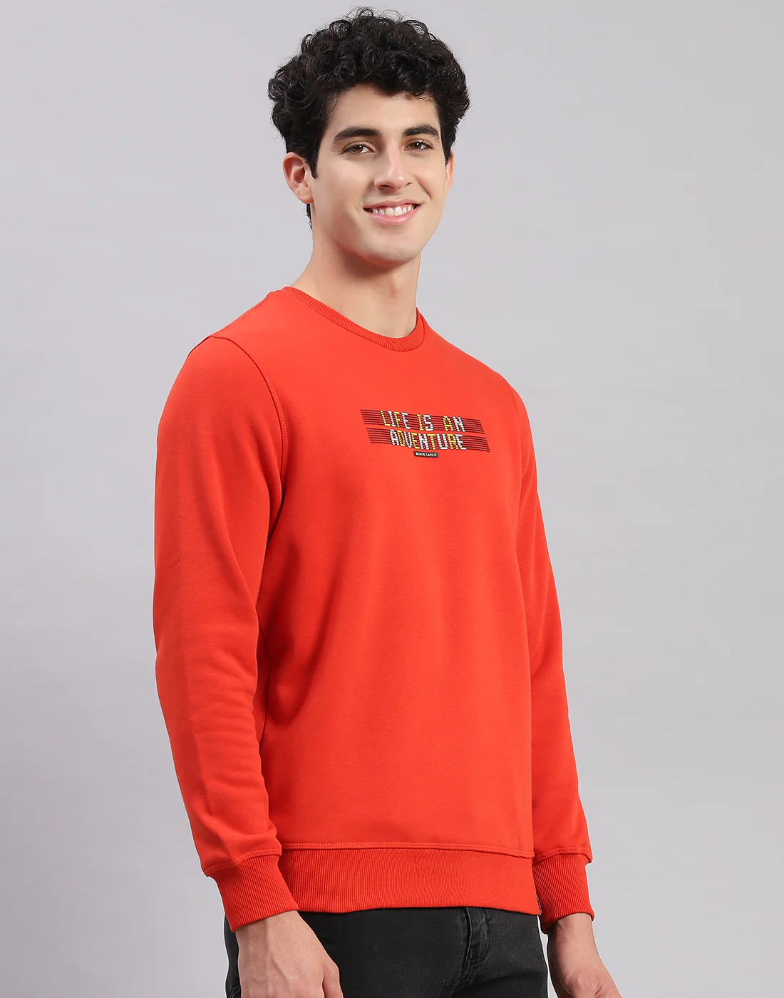 Men Orange Solid Round Neck Full Sleeve Sweatshirts - Image 4