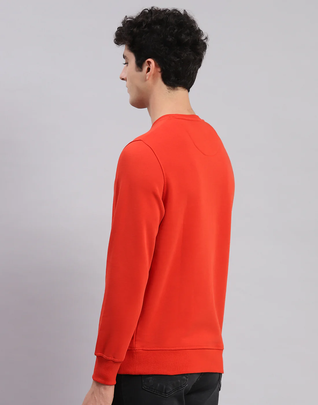 Men Orange Solid Round Neck Full Sleeve Sweatshirts - Image 5