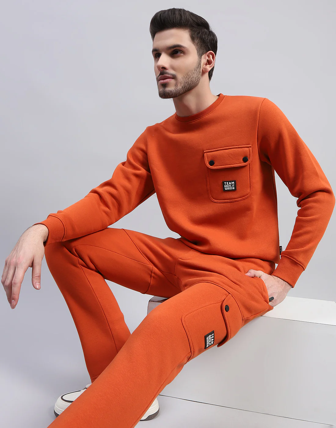 Rock.it Men Orange Solid Round Neck Full Sleeve Tracksuit - Image 6