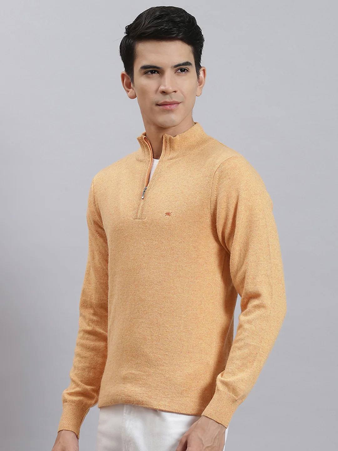 Men Orange Solid Stand Collar Full Sleeve Sweaters/Pullovers - Image 3