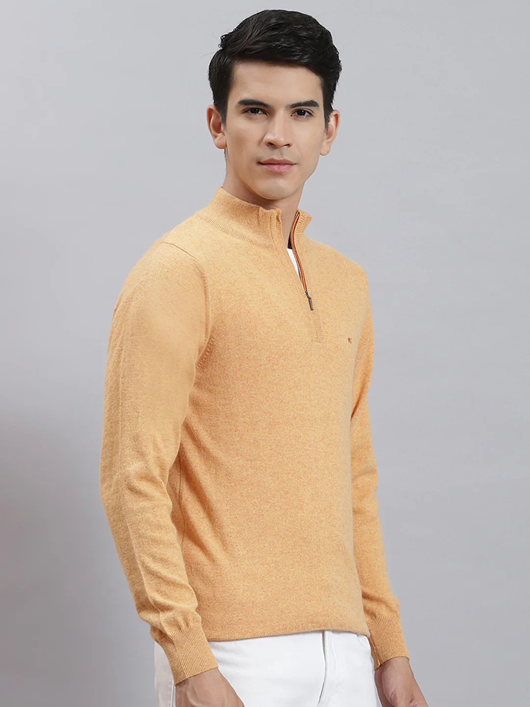 Men Orange Solid Stand Collar Full Sleeve Sweaters/Pullovers - Image 4