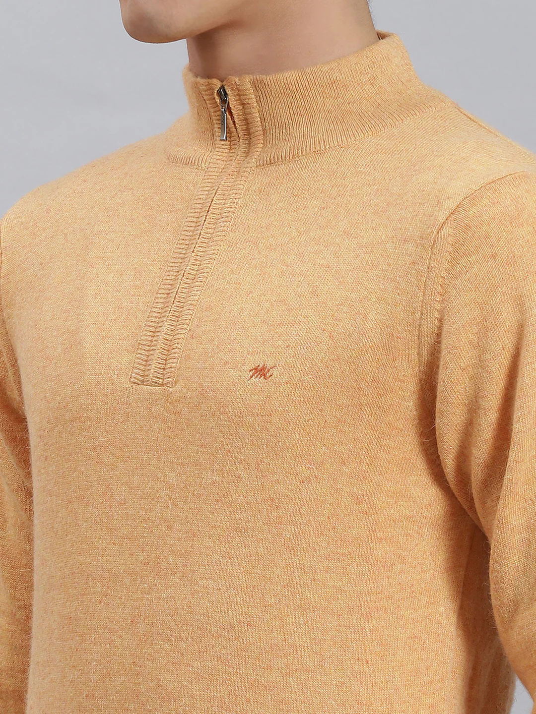 Men Orange Solid Stand Collar Full Sleeve Sweaters/Pullovers - Image 6