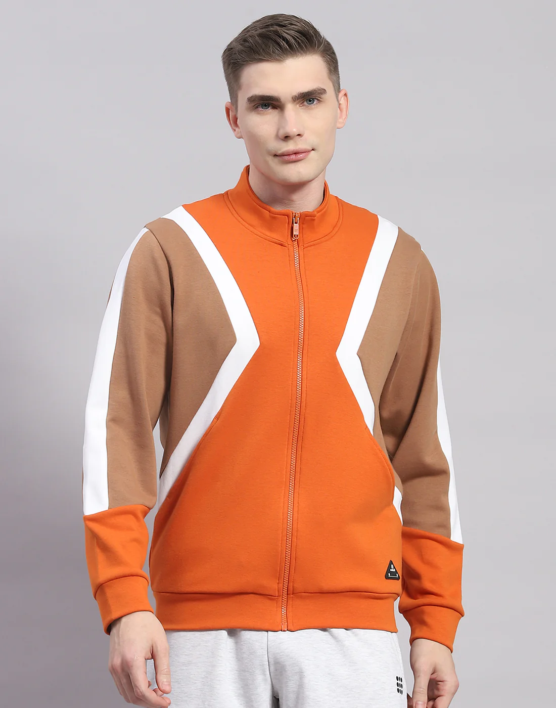 Rock.it Men Orange Solid T Neck Full Sleeve Sweatshirt