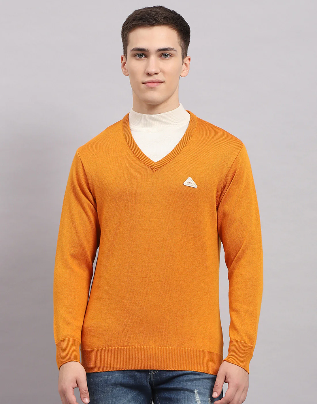 Men Orange Solid V Neck Full Sleeve Pullover - Image 2