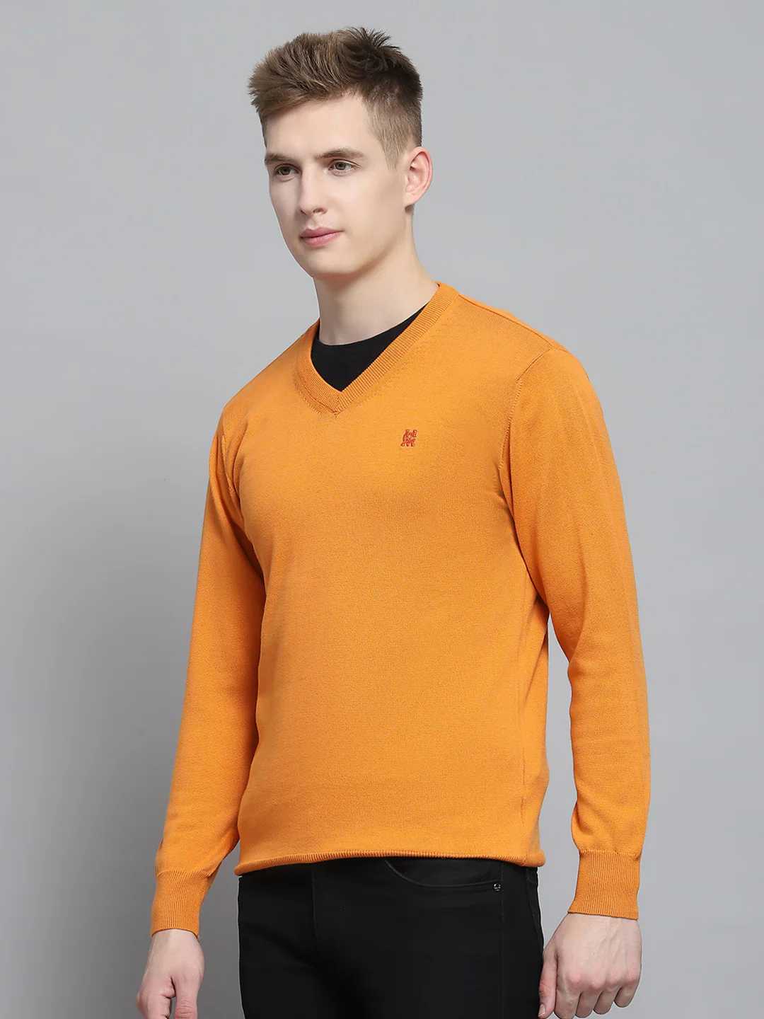Men Orange Solid V Neck Full Sleeve Pullover - Image 3