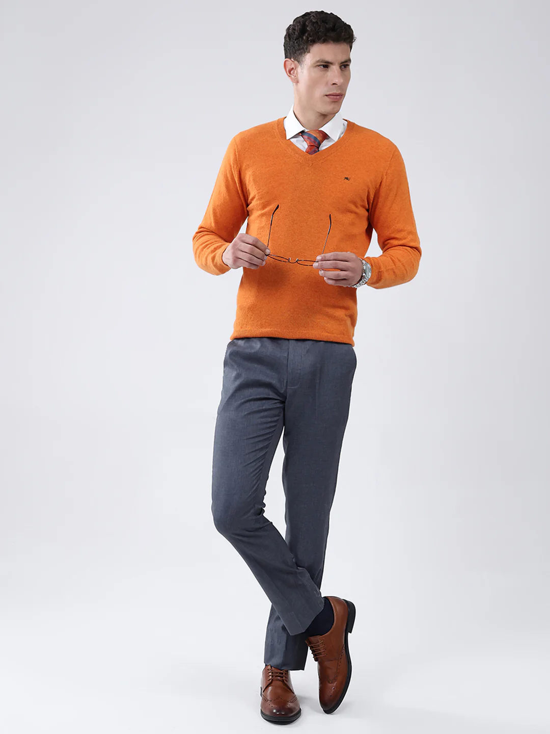 Men Orange Solid V Neck Full Sleeve Pullover - Image 2