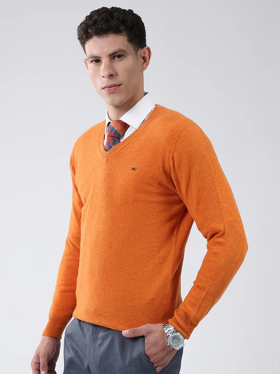 Men Orange Solid V Neck Full Sleeve Pullover - Image 3