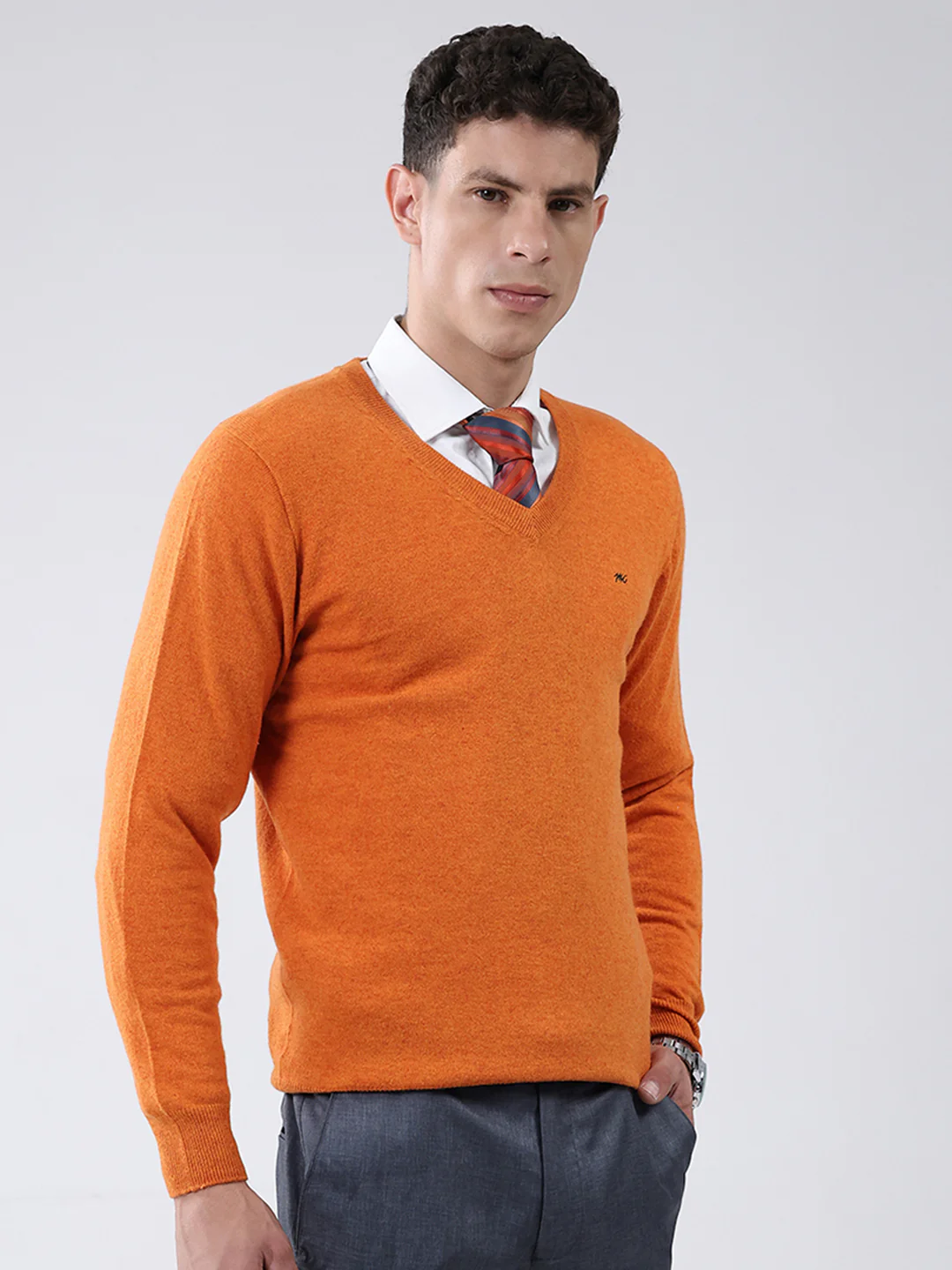 Men Orange Solid V Neck Full Sleeve Pullover - Image 4