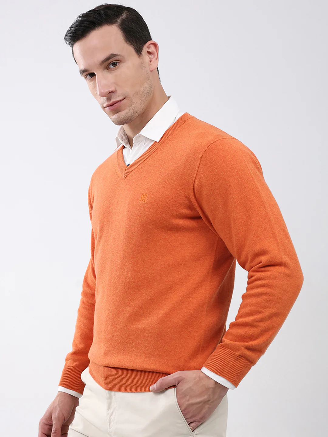Men Orange Solid V Neck Full Sleeve Pullover - Image 3