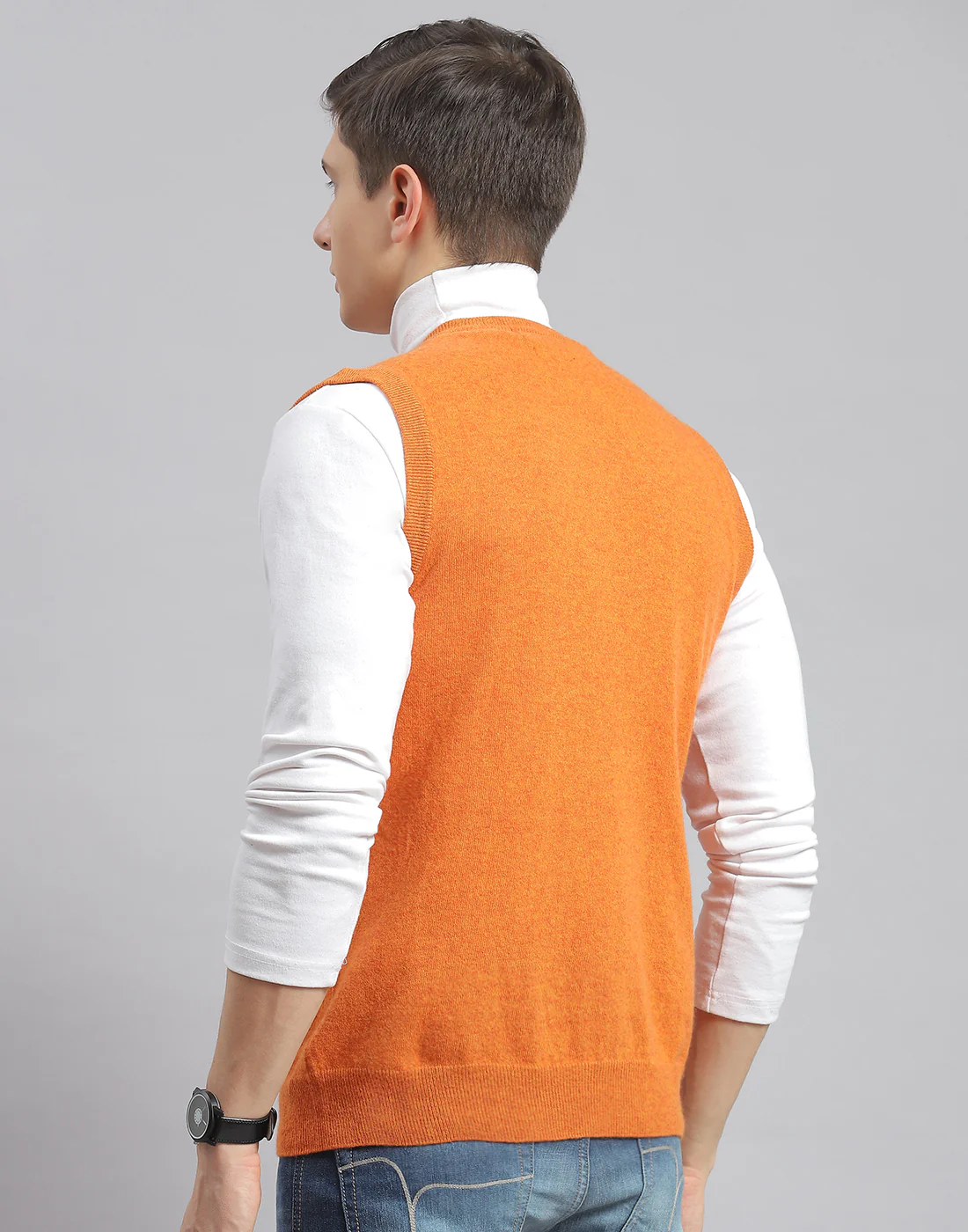 Men Orange Solid V Neck Sleeveless Sweater - Image 5