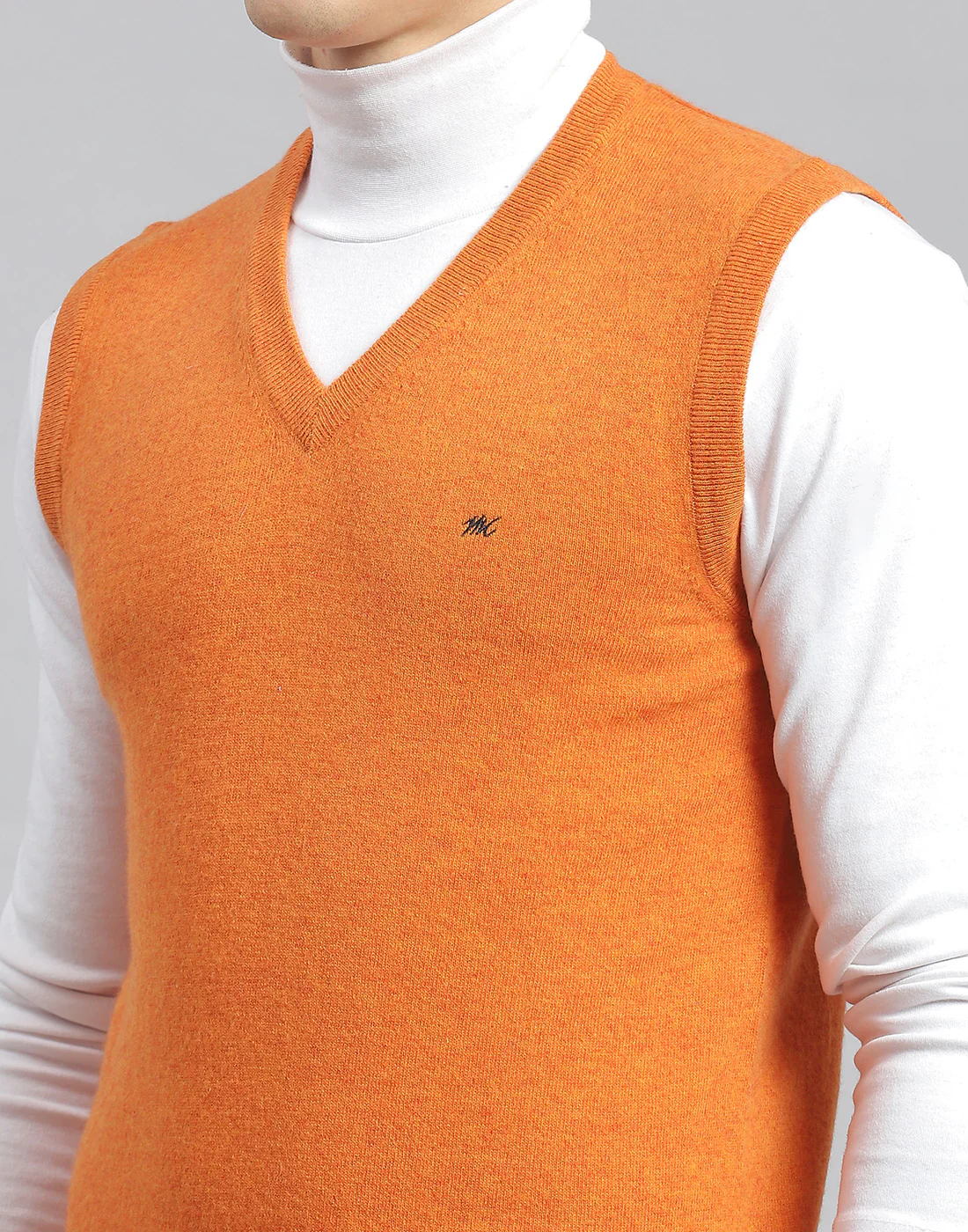 Men Orange Solid V Neck Sleeveless Sweater - Image 6