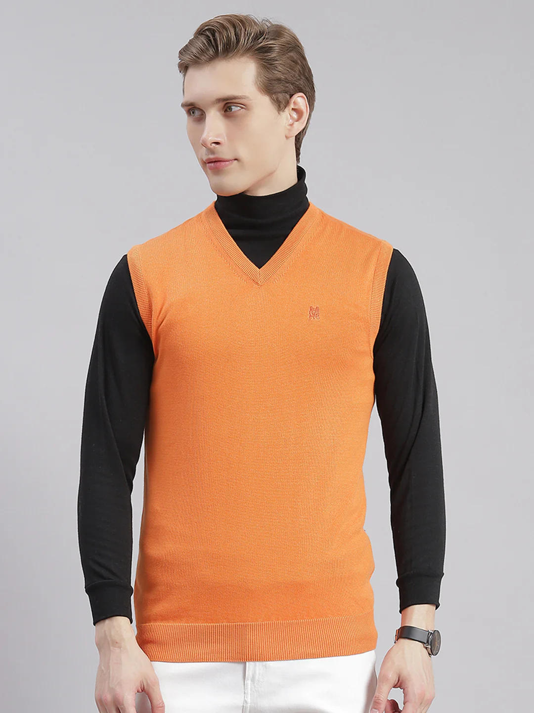 Men Orange Solid V Neck Sleeveless Sweaters/Pullovers - Image 3