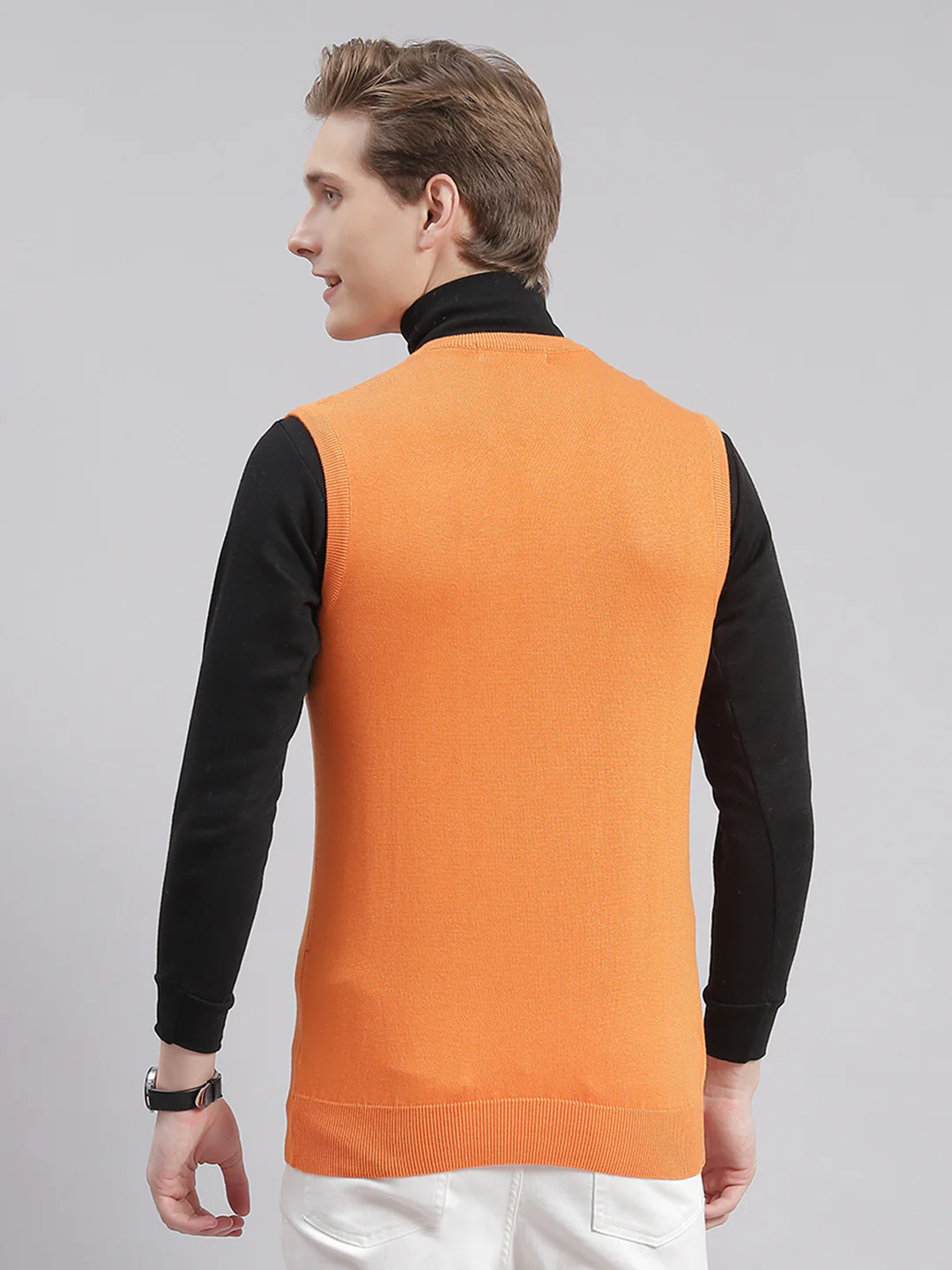 Men Orange Solid V Neck Sleeveless Sweaters/Pullovers - Image 4