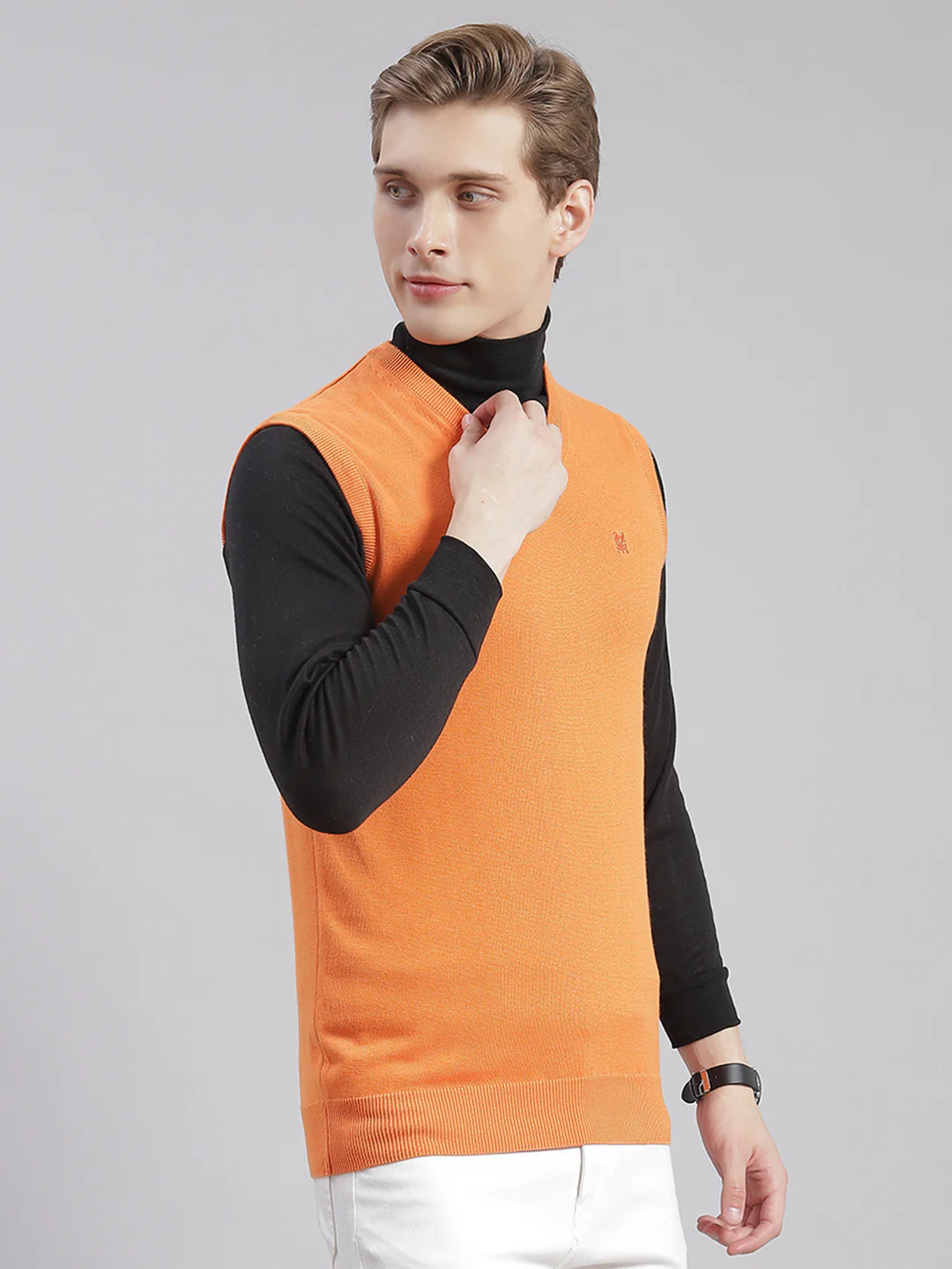 Men Orange Solid V Neck Sleeveless Sweaters/Pullovers - Image 6