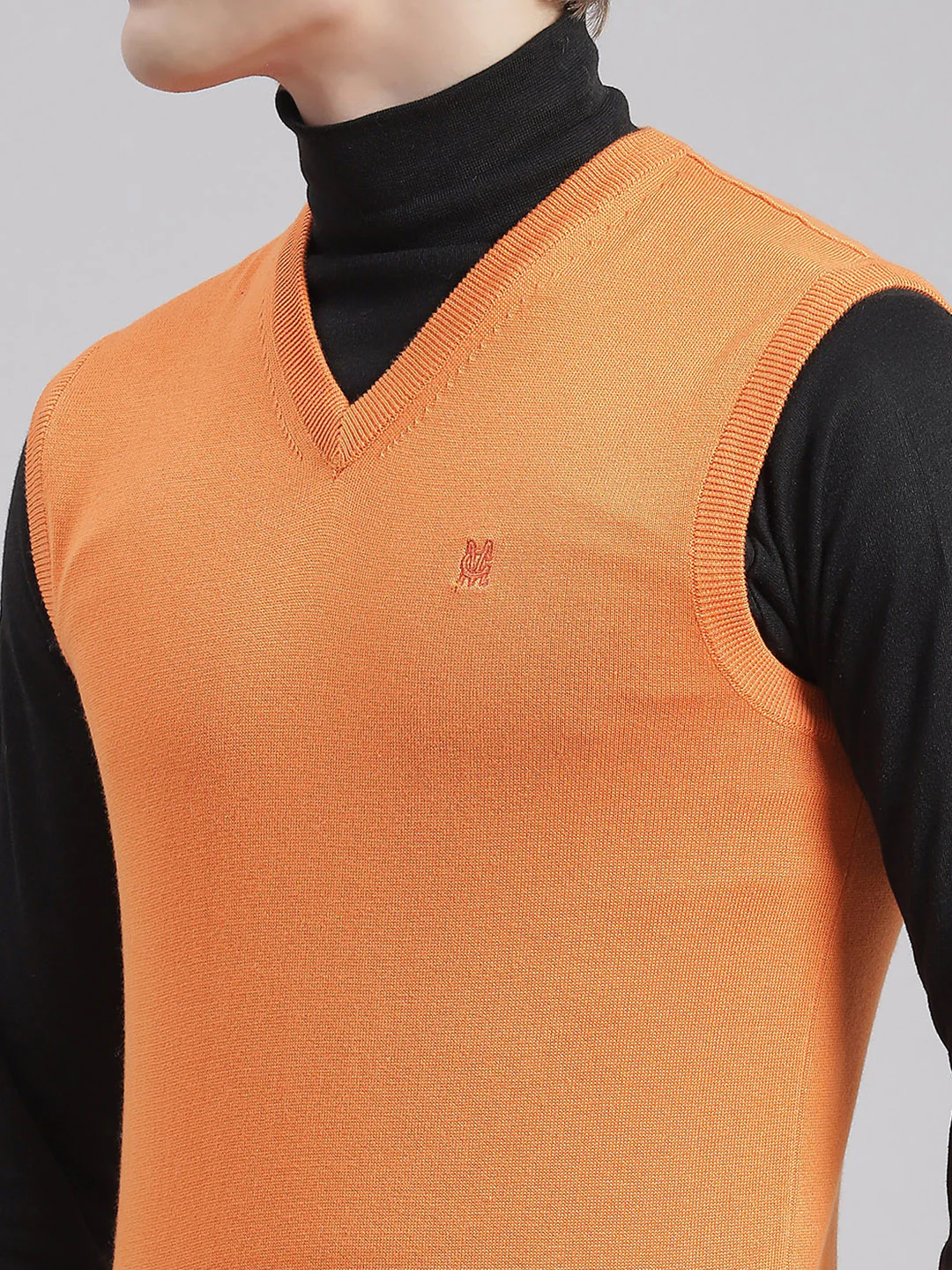Men Orange Solid V Neck Sleeveless Sweaters/Pullovers - Image 7