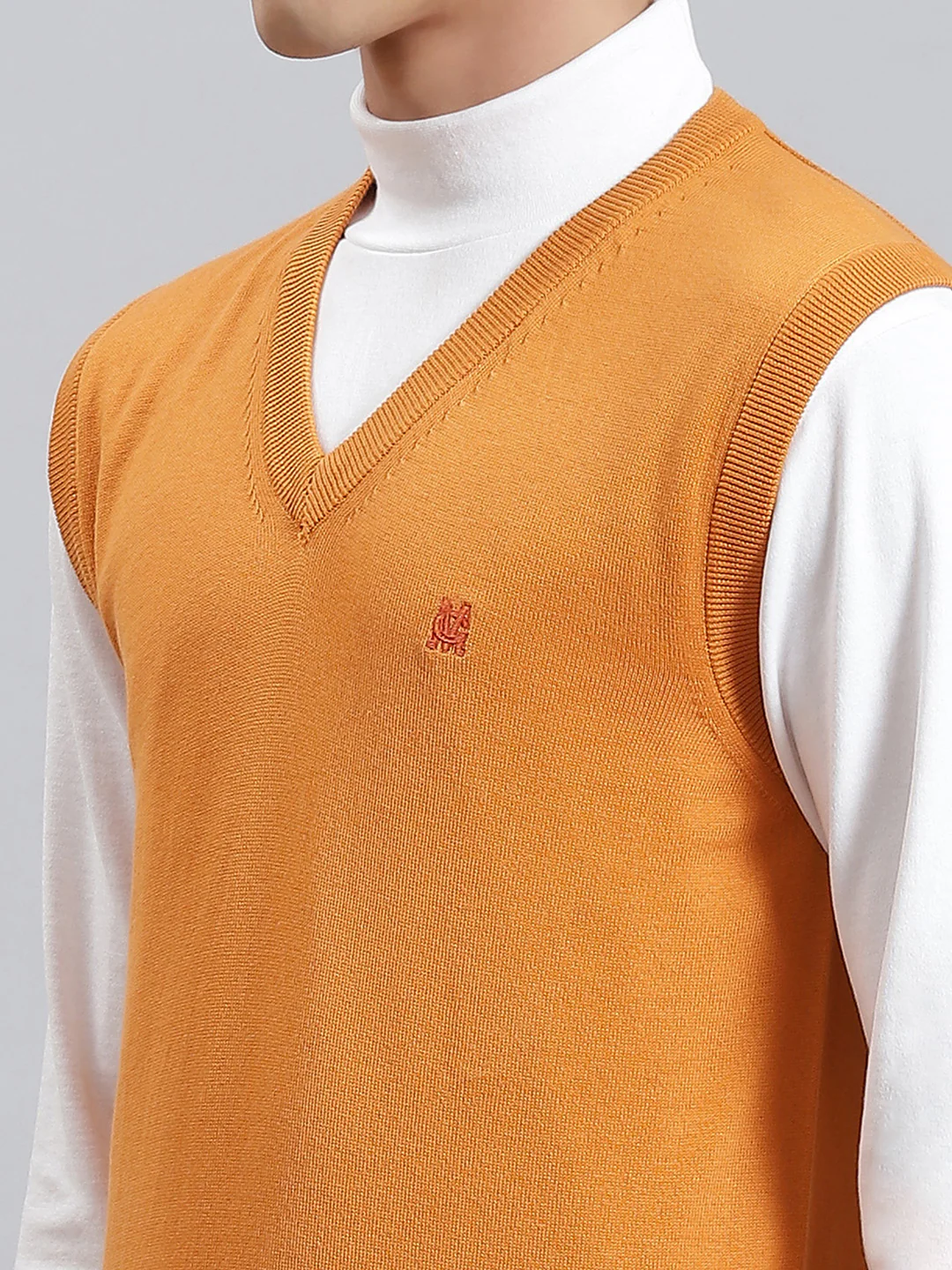 Men Orange Solid V Neck Sleeveless Sweaters/Pullovers - Image 6