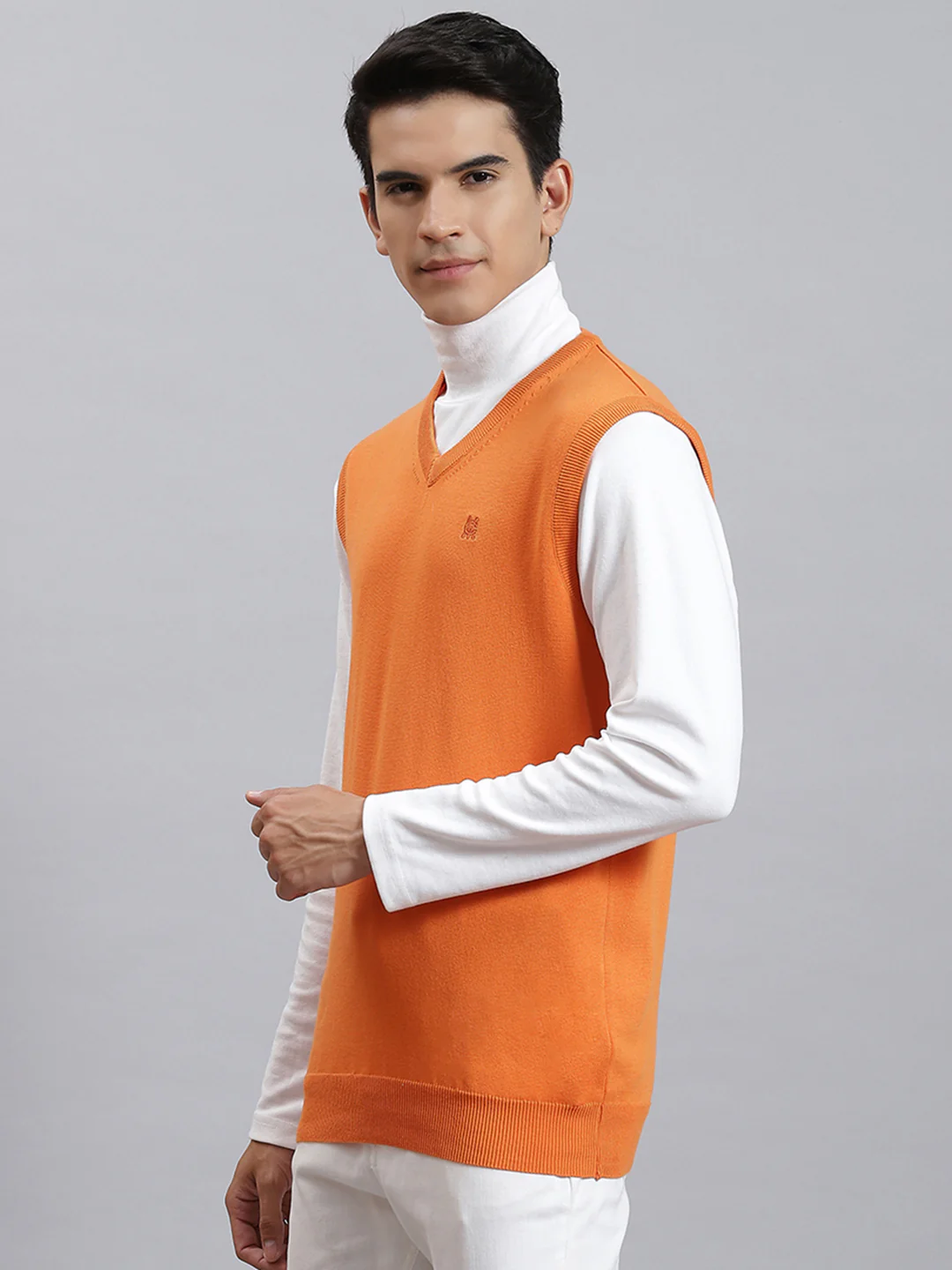 Men Orange Solid V Neck Sleeveless Sweaters/Pullovers - Image 3