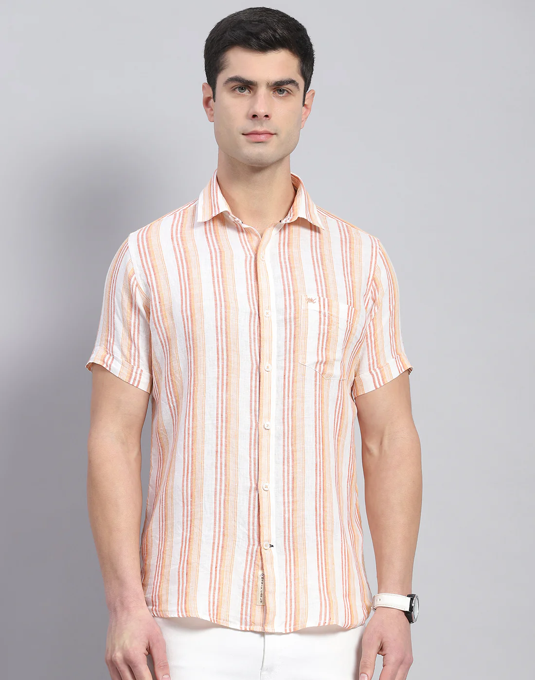 Men Orange Stripe Collar Half Sleeve Linen Shirt - Image 3