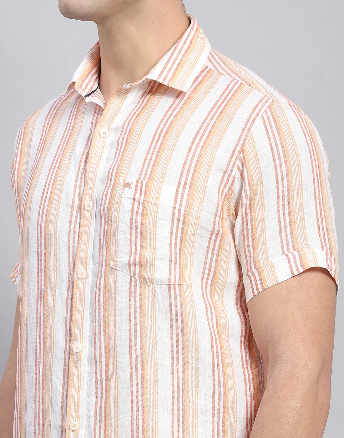 Men Orange Stripe Collar Half Sleeve Linen Shirt - Image 7