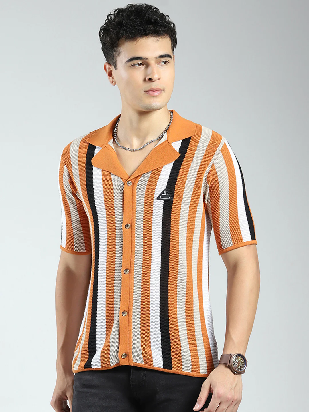 Rock.it Men Orange Stripe Collar Half Sleeve Shirt